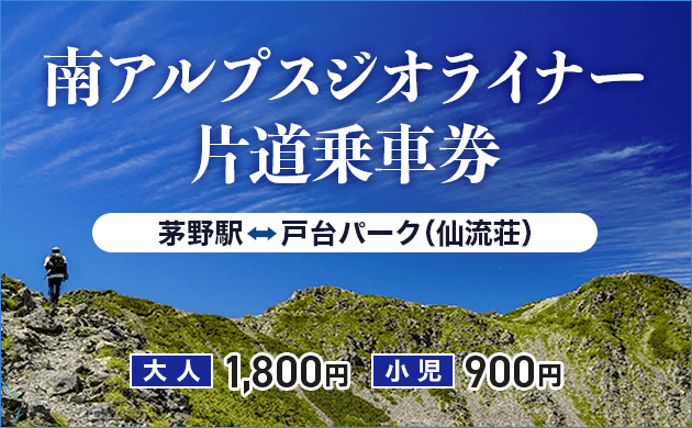 南アルプスジオライナー片道乗車券 茅野駅⇄戸台パーク(仙流荘) 大人1,800円  小児 900円